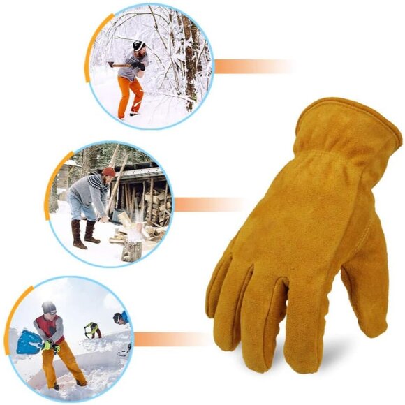 Gold Winter Thermal Leather Work Gloves with Thick Imitation Lambswool Lining - Picture 9 of 9